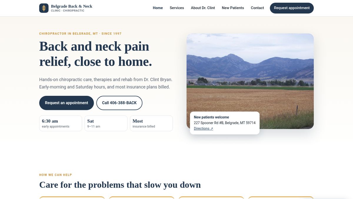 Homepage of the sample preview site for a chiropractic clinic, with appointment and call buttons